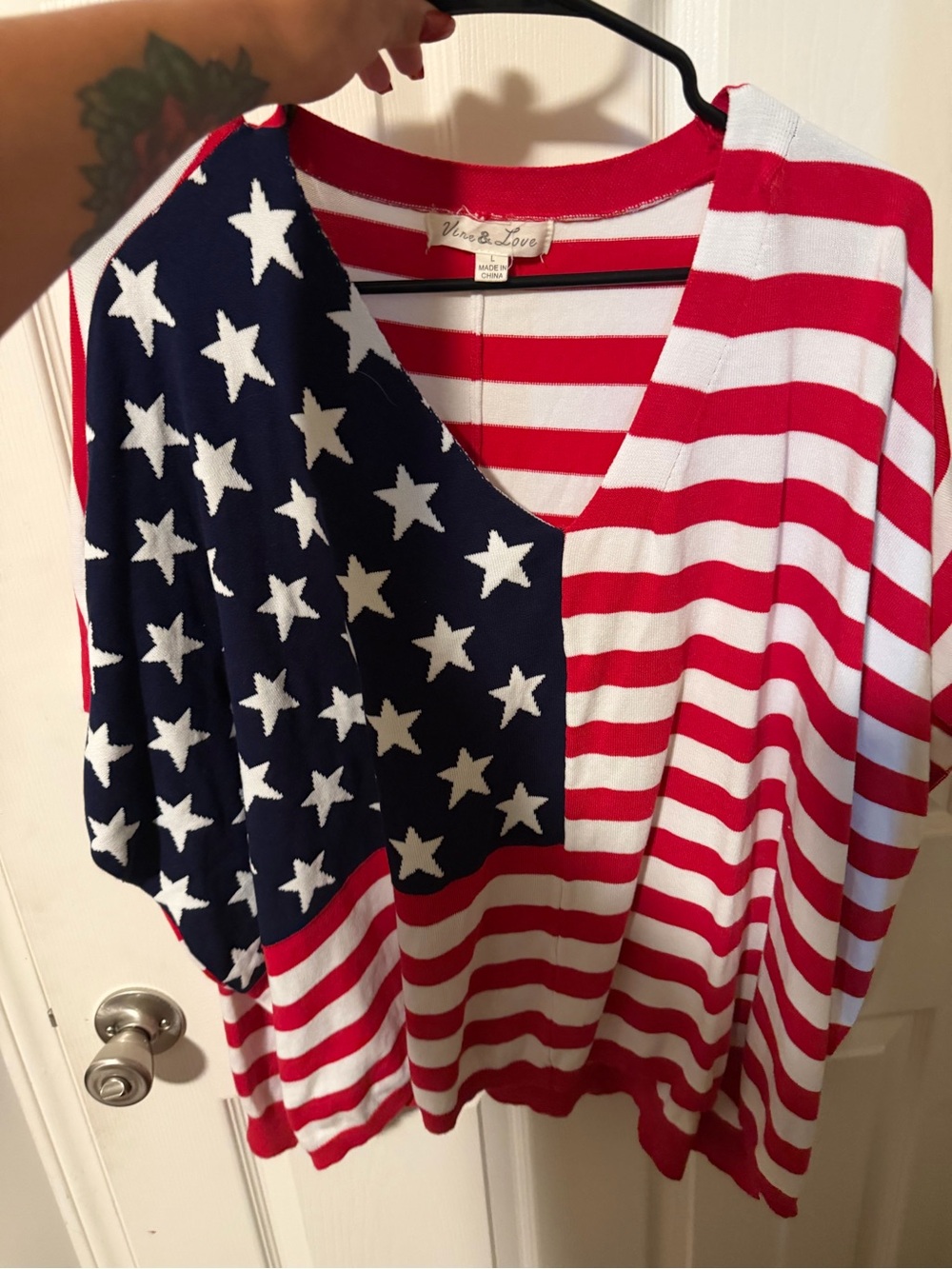 Stars & Stripes V-Neck Knit Top - Patriotic Red White Blue